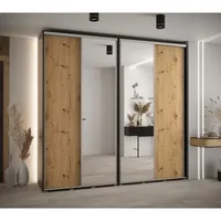 Skriňa s posuvnými dverami so zrkadlom vysoká Davos 3 250 hĺbka 45 cm Svetlohnedé drevo Čierna