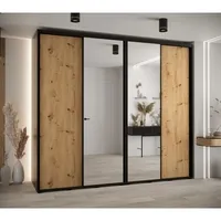 Skriňa s posuvnými dverami so zrkadlom vysoká Davos 3 270 hĺbka 60 cm Svetlohnedé drevo Čierna