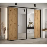 Skriňa s posuvnými dverami so zrkadlom vysoká Davos 3 270 hĺbka 60 cm Svetlohnedé drevo Čierna