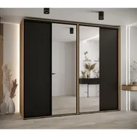 Skriňa s posuvnými dverami so zrkadlom vysoká Davos 3 270 hĺbka 60 cm Svetlohnedé drevo Čierna