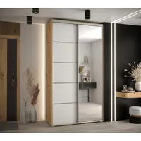 Skriňa s posuvnými dverami so zrkadlom Davos 5 130 cm 45 cm hĺbky Svetlohnedé drevo Biela