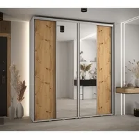 Skriňa s posuvnými dverami so zrkadlom vysoká Davos 3 210 hĺbka 45 cm Svetlohnedé drevo Biela Sivá
