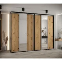 Skriňa s posuvnými dverami so zrkadlom vysoká Davos 3 300 hĺbka 60 cm Svetlohnedé drevo Čierna