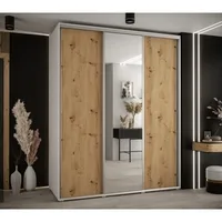 Skriňa s posuvnými dverami so zrkadlom vysoká Davos 3 190 hĺbka 60 cm Svetlohnedé drevo Biela Sivá