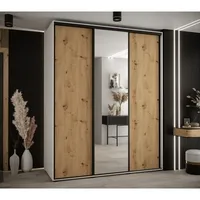 Skriňa s posuvnými dverami so zrkadlom vysoká Davos 3 200 hĺbka 60 cm Svetlohnedé drevo Biela Čierna