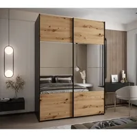 Skriňa s posuvnými dverami so zrkadlom Lux 4 180 Svetlohnedé drevo Čierna