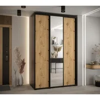 Skriňa s posuvnými dverami so zrkadlom vysoká Davos 3 160 hĺbka 60 cm Svetlohnedé drevo Čierna