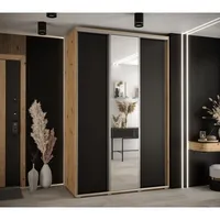 Skriňa s posuvnými dverami so zrkadlom vysoká Davos 3 160 hĺbka 60 cm Svetlohnedé drevo Čierna