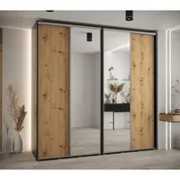 Skriňa s posuvnými dverami so zrkadlom vysoká Davos 3 240 hĺbka 60 cm Svetlohnedé drevo Čierna