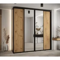 Skriňa s posuvnými dverami so zrkadlom vysoká Davos 3 230 hĺbka 60 cm Svetlohnedé drevo Čierna