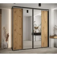 Skriňa s posuvnými dverami so zrkadlom vysoká Davos 3 230 hĺbka 60 cm Svetlohnedé drevo Čierna