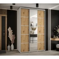 Skriňa s posuvnými dverami so zrkadlom Davos 5 150 60 cm hĺbka Svetlohnedé drevo Biela Sivá