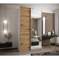 Skriňa s posuvnými dverami so zrkadlom Lux 3 130 Svetlohnedé drevo Biela Sivá