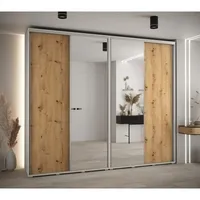 Posuvná skriňa so zrkadlom vysoká Davos 3 280 hĺbka 45 cm Svetlohnedé drevo Biela Sivá