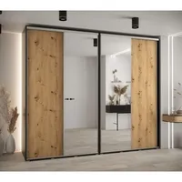 Skriňa s posuvnými dverami so zrkadlom vysoká Davos 3 280 hĺbka 60 cm Svetlohnedé drevo Čierna