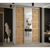 Skriňa s posuvnými dverami so zrkadlom Cannes 5 170 60 cm hĺbky Svetlohnedé drevo Biela Sivá