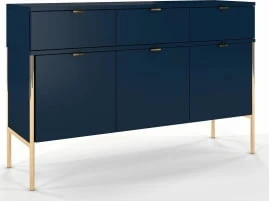 Elegancka granatowa komoda do salonu Polka na złotych nóżkach