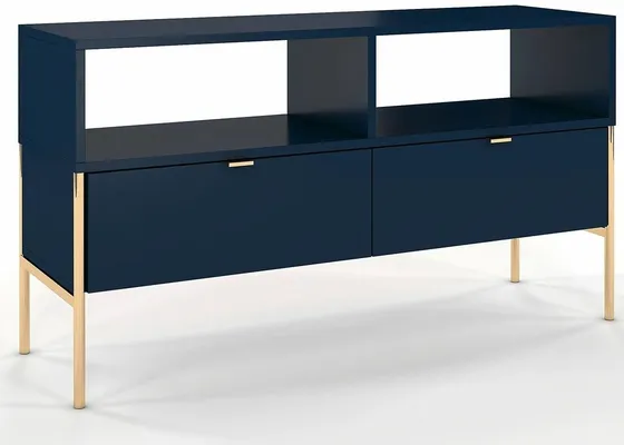 Elegantný tmavomodrý TV stolík Polička na zlatých nožičkách