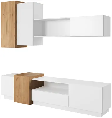 Moderná obývacia stena so závesnými skrinkami a TV stolíkom do obývačky 3D