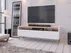 Moderní TV stolek se zásuvkami a otevřenými výklenky pod deskou stolu do obývacího pokoje Skandi
